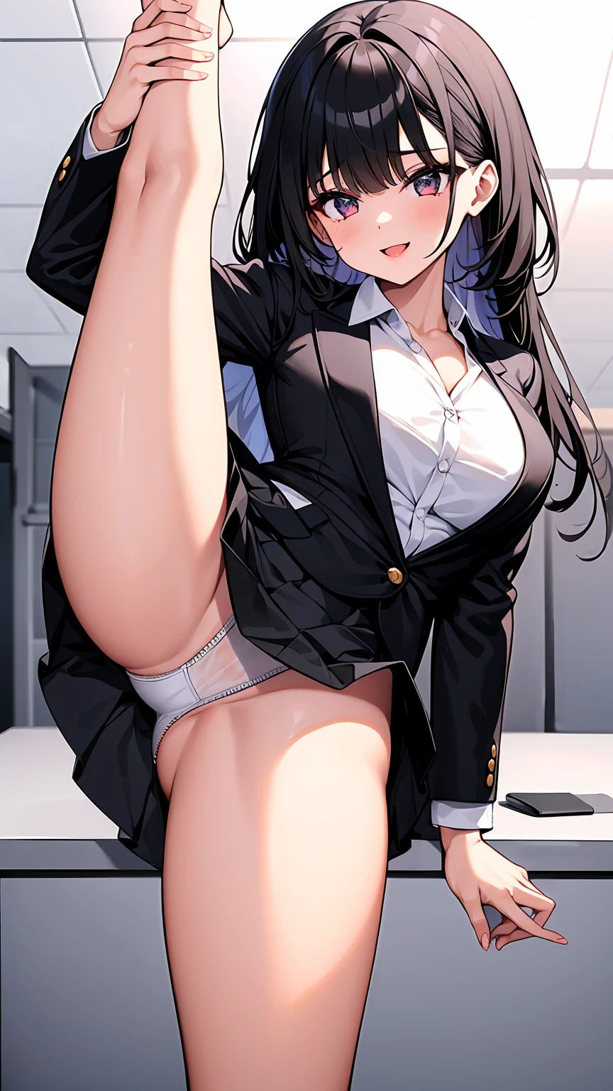 One Girl, Five Fingers, mini skirt, Looking down at the viewer, Black Hairロングヘアー, Highest quality, Focus on the thighs, Dynamic pose, smile, blazer, blouse, barefoot, Standing Split, classroom, Black Hair, Stylish pose,My thighs and groin are steamy 、Luxurious pure white panties