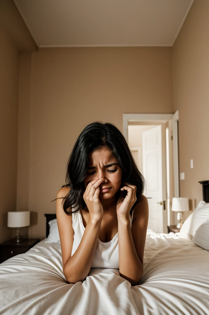 23-year-old woman crying on a bed in an empty room 