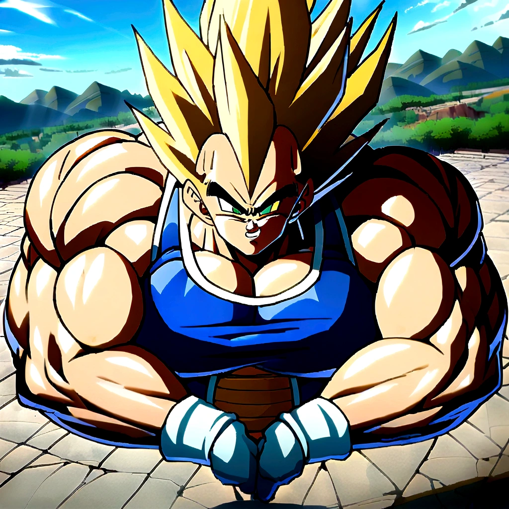 1boy, Vegeta, from Dragon Ball Z, yellow hair, spiked hair, green eyes, male focus, straddle stance, (huge muscles:2), full body, yellow aura, electricity, Dragon Ball Z artstyle, in the style of Akira Toriyama, white tiled floor, outdoors, flat-top mountains, Overhead View , masterpiece, best quality, very aesthetic, absurdres