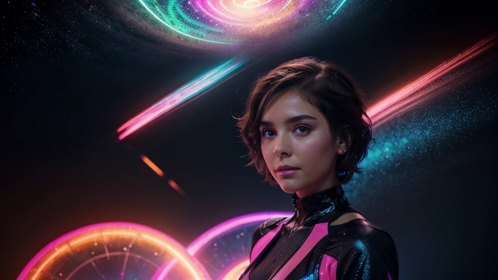 a cute, slender, aerobics instructor, very short brown hair, very short brown hair, very short brown hair, very short brown hair, very short brown hair, brown eyes, dimples, sexy pose; In a kaleidoscopic realm of swirling stardust and neon nebulae, her incandescent form outshines quasars, with obsidian tresses cascading down her silhouette. more neon psychedelic lighting, more neon psychedelic lighting, more neon psychedelic lighting,