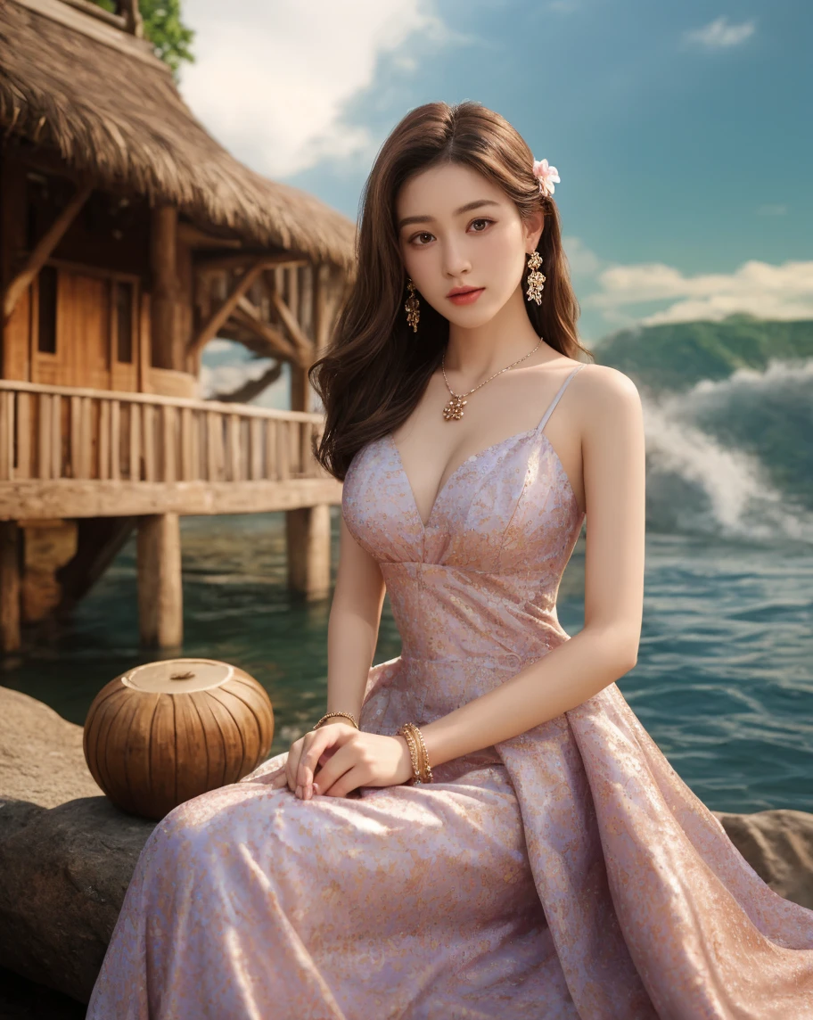 Special clothes47,jewelry,dress, stlouis,（Enrich the picture，Masterpiece quality）Beautiful 8K CG artwork，Goddess-like pose，sittinng on the river，Postural exercises，Thin and soft，Translucent skin，curlies， Brown hair long, The skin is fair and juicy，Perspective Part 1.2x enhanced contour effect，Intricate and exquisite details，The background is a bit blurry，Charming and sexy legs，Japan goddess，Perfect body slim curves，scene in river, Get wet all over your body