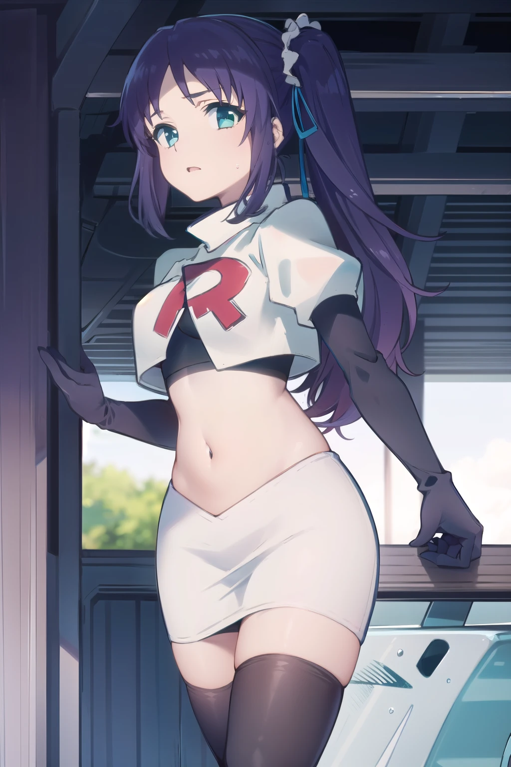 1girl,solo,outdoor,
aatisaki,blue_hair,blue_eyes,side_ponytail,team rocket,team rocket uniform,white skirt,red letter R,crop top,black thigh-highs,black elbow gloves