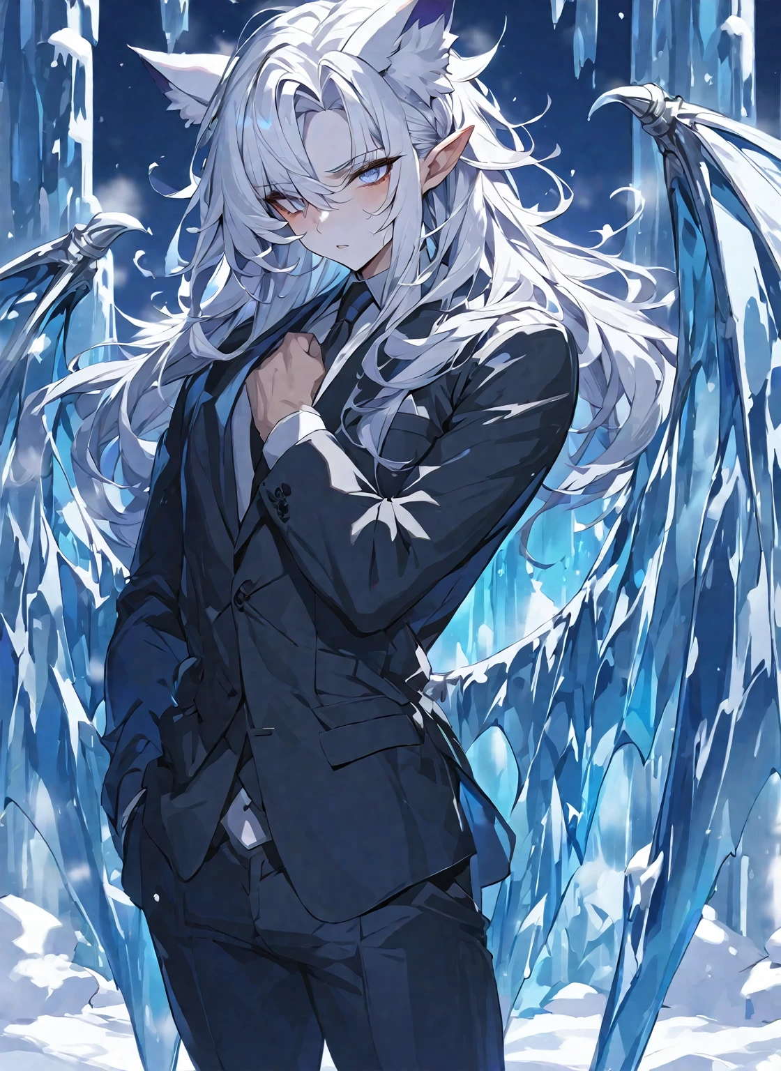 Best quality, one, beautiful, 1 man, 20 years, with a sporty body, V-shaped body, wide shoulders, in a black British suit, neutral and cold face, large ice bat wings, sharp ears, short snow-white hair, model hair, white and snowy eyes, against the background of a snow pillar, it is covered with snow and covered with ice, ice threads