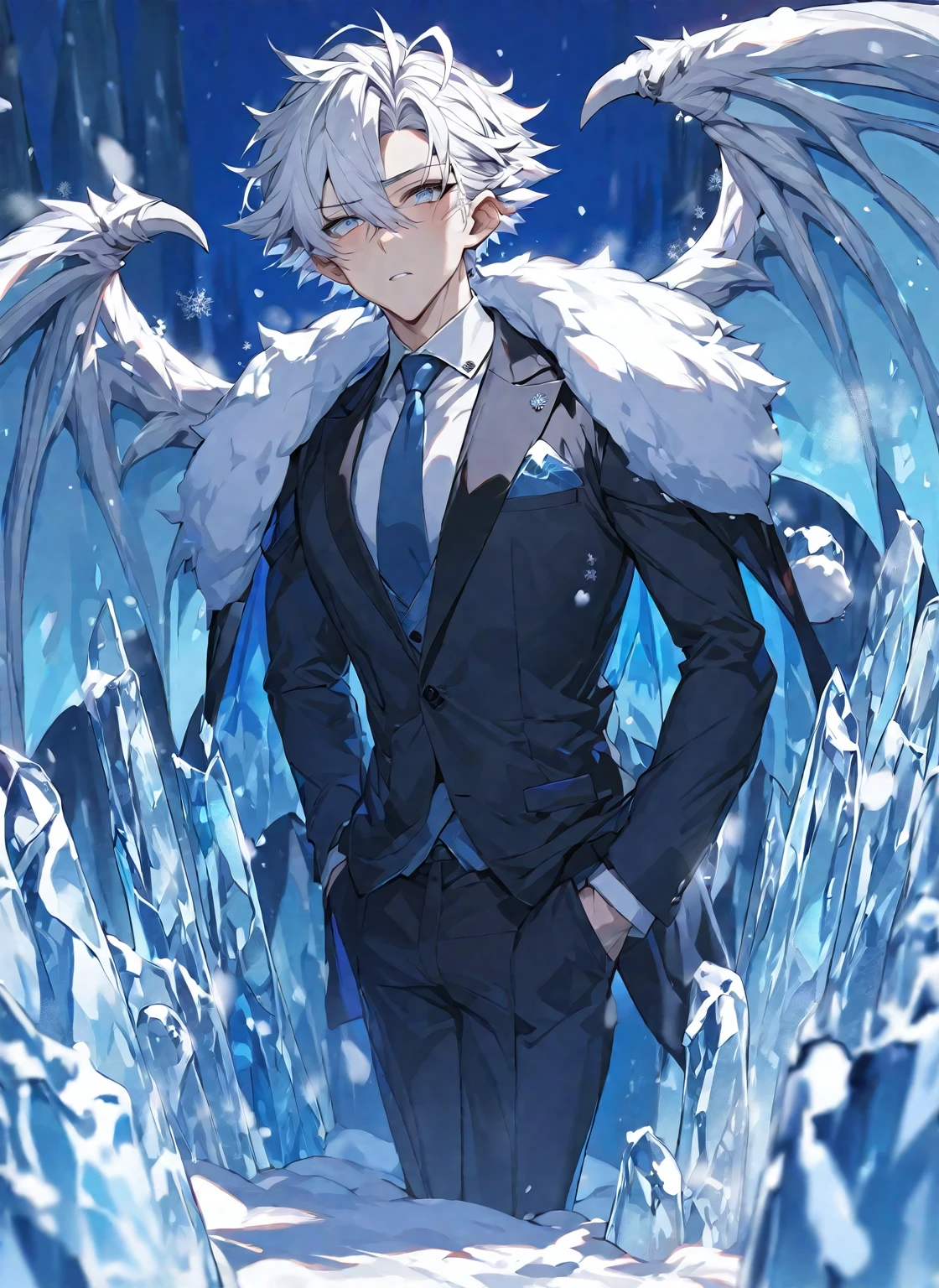 Best quality, one, beautiful, 1 man, 20 years, with a sporty body, V-shaped body, wide shoulders, in a black British suit, neutral and cold face, large ice bat wings, sharp ears, short snow-white hair, model hair, white and snowy eyes, against the background of a snow pillar, it is covered with snow and covered with ice, ice threads
