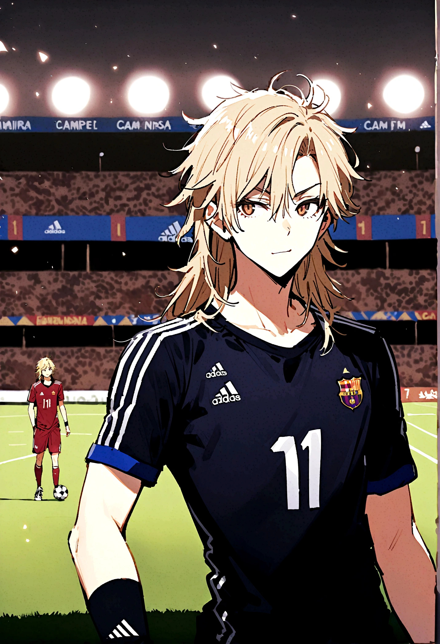 1boy, lion eyes, Vestindo a camisa da seleção iraquiana da Adidas, Sentado em uma bola de futebol no centro do Camp Nou, brown eyes, fashionable hair, blonde hair, black shirt, number 11, looking at the side, {{long hair}}, upperbody, messy hair, detailed eyes, growth hair, smirk,