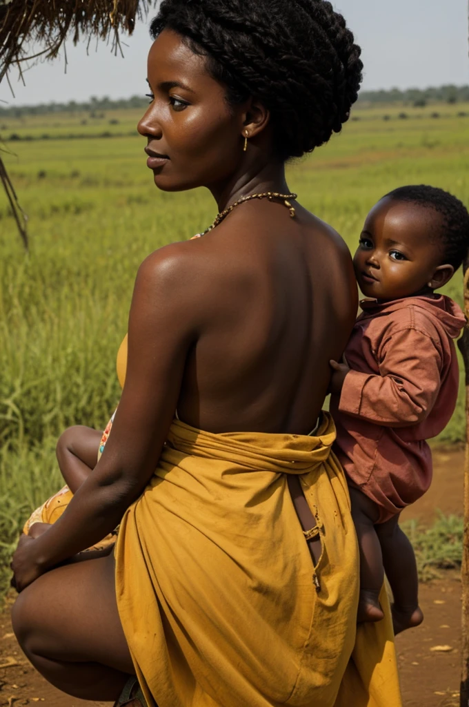 Painting of a very beautiful African mother with a on her back in a rural setting