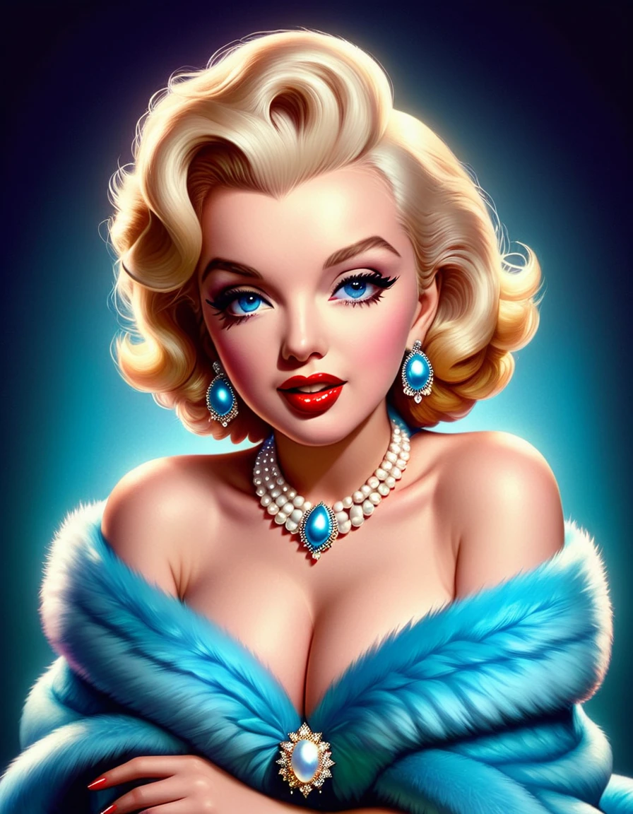 A photorealistic rendering of Marilyn Monroe in a glamorous pose, wearing a fur stole and pearl necklace, exuding classic Hollywood elegance. Hyper-realistic, vibrant colors, 16k