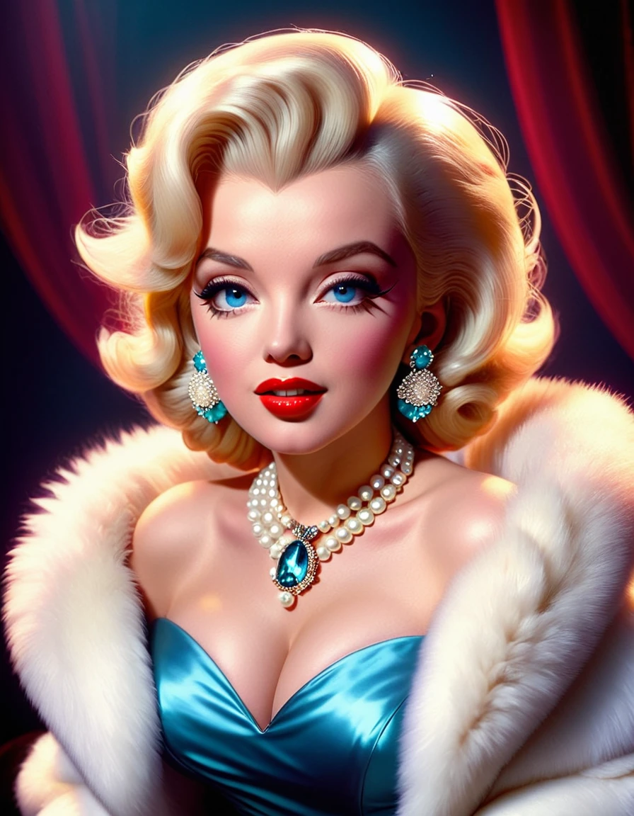 A photorealistic rendering of Marilyn Monroe in a glamorous pose, wearing a fur stole and pearl necklace, exuding classic Hollywood elegance. Hyper-realistic, vibrant colors, 16k