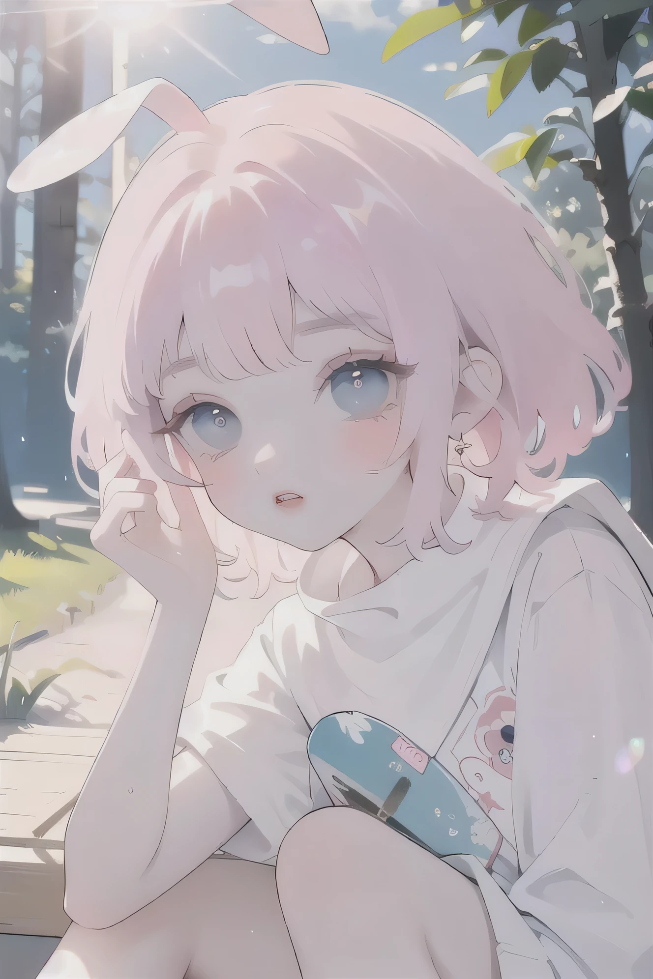(high quality) (best quality) (a woman) (correct physiognomy) (Perfect students) (perfect eyes) woman with ears bunny in his head, deep pink long fluffy hair pink, two rabbit ears coming out of her head, blue eyes, sensitive lips, feminine appearance, soft facial features, thin eyebrows, soft skin, rosy cheeks, pink lips, silky eyelashes, dreamy expression, middle age, youthful clothes, printed sweatshirt, photo illuminated by sunlight, Woman sitting in the forest.
