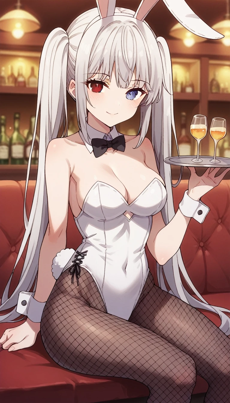 1girl, solo, long hair, breasts, looking at viewer, smile, blue eyes, red eyes, bow, animal ears, twintails, medium breasts, sitting, tail, white hair, pantyhose, indoors, bowtie, rabbit ears, leotard, cup, wrist cuffs, black pantyhose, strapless, black bow, detached collar, fake animal ears, heterochromia, playboy bunny, rabbit tail, fishnets, drinking glass, strapless leotard, black bowtie, white leotard, fishnet pantyhose