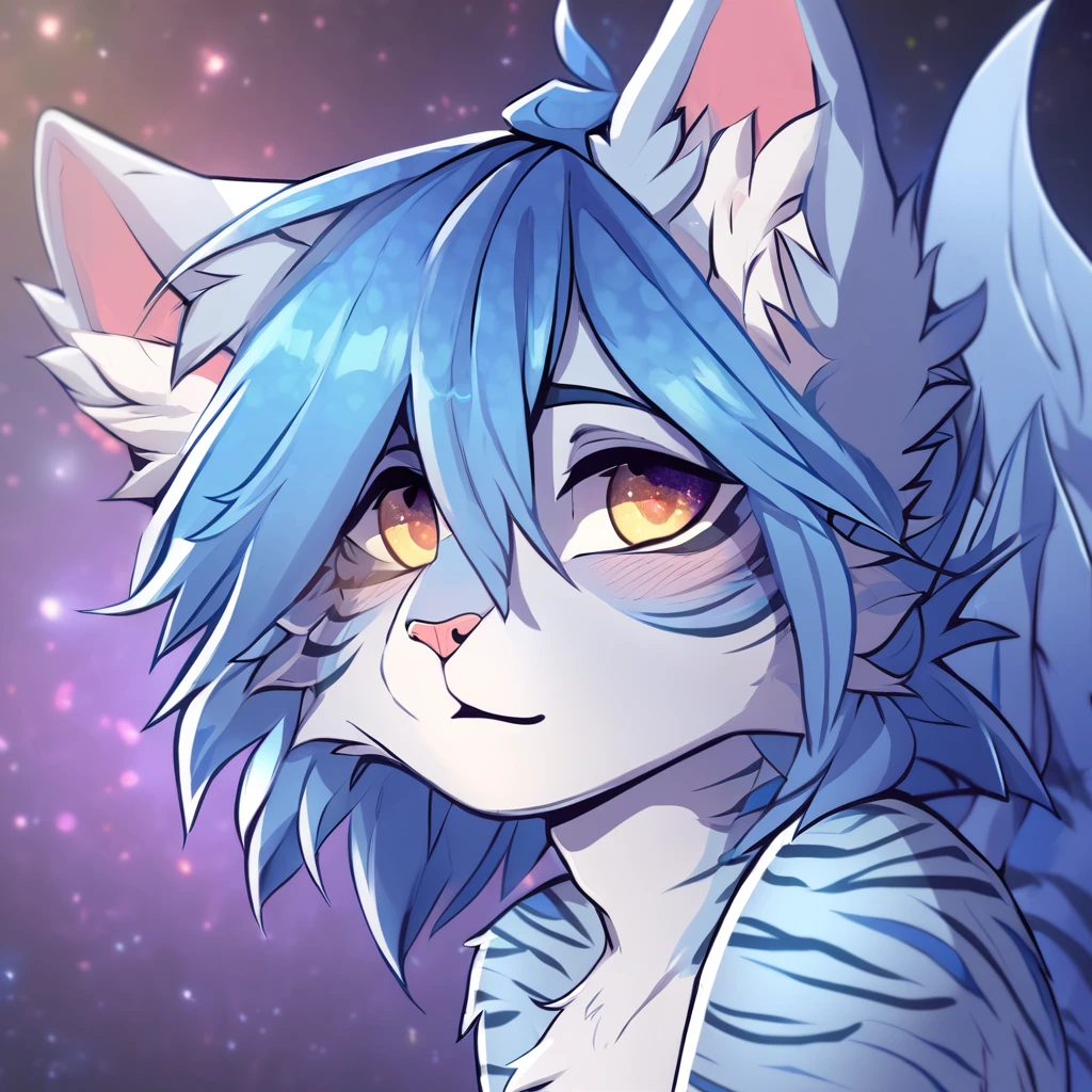 adult, feline, mammal, anthro, anthromorphic, cat, striped, fur, furred_anthro, femboy, male, light_blue, ear_tufts, purple, paws, hair_tuft, hair_between_eyes, long_tail, fluffy, expressive_eyes, light_blue_hair, light, galaxy_fur, looking_at_viewer, blue_fur, shy, small_pupils, spotted_pattern, stripes, tiger_stripes, digital_art, high_resolution, high_res, background shy, head_visible, neck_visible, profile_picture, seductive_face