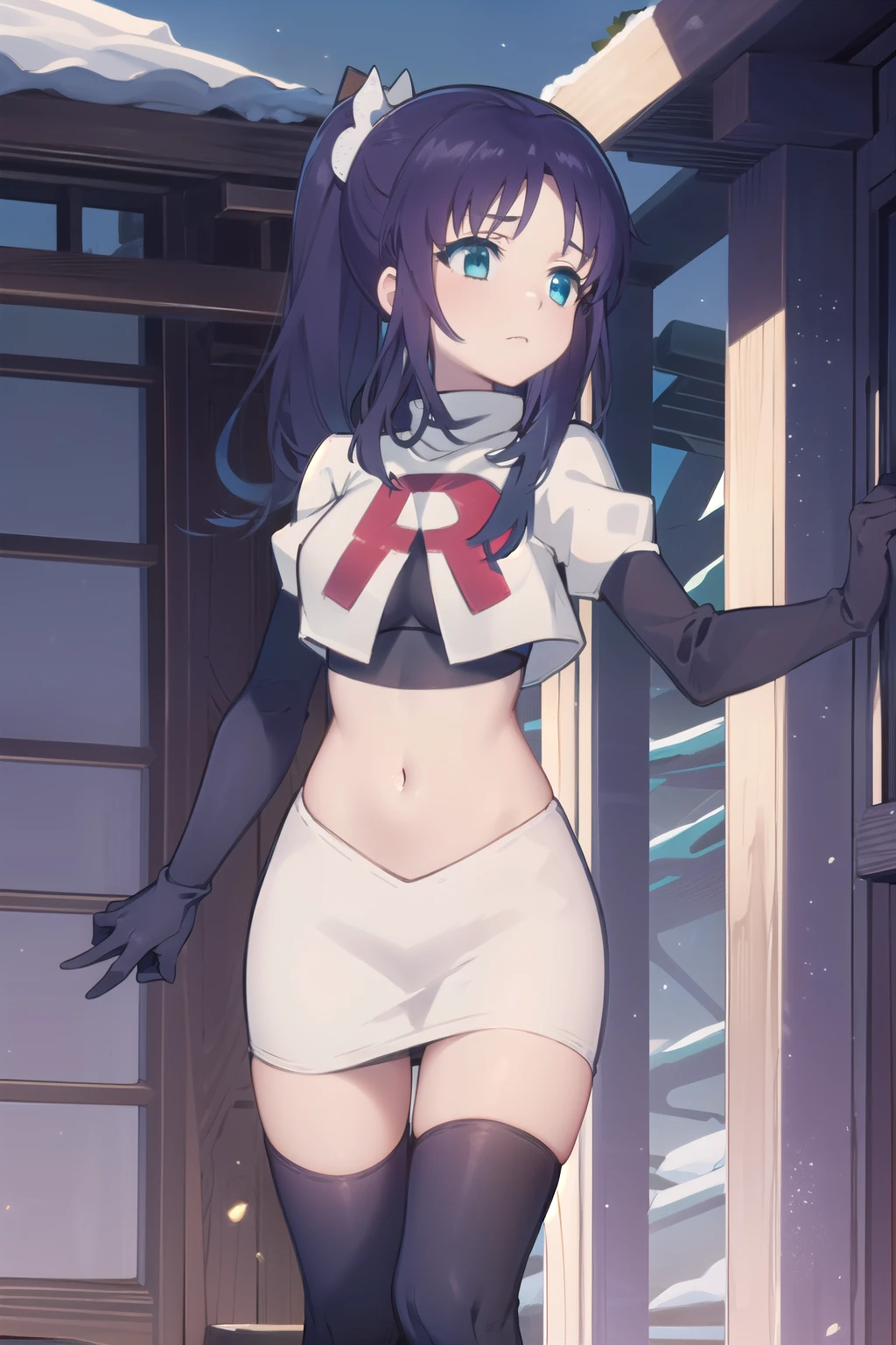 1girl,solo,outdoor,
aatisaki,blue_hair,blue_eyes,side_ponytail,team rocket,team rocket uniform,white skirt,red letter R,crop top,black thigh-highs,black elbow gloves