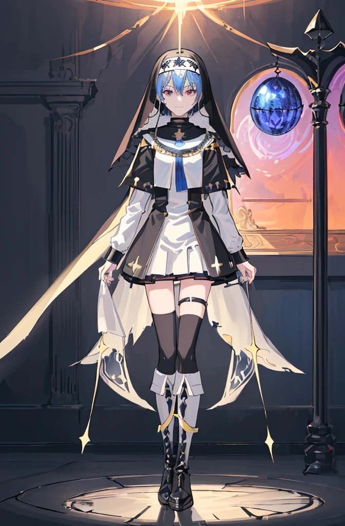 [(cathedral background:1.4)::5],Original,(Illustration:1.1),(Best Quality),(masutepiece:1.1),(the Extremely Detailed CG Unity 8K Wallpapers:1.1), (Colorful:0.9),(mid-shot:0.95),(Full body:1.5),Dynamic Angle,(Solo:1.2), (girl),(((Adult))), (Detailed beautiful eyes:1.15), (Beautiful face:1.15), (Glowing black eyes:1.25////),(Blue Long Hair),(nun headdress),(+perfect hand+:1.21),(Draw an illustration of a Holy Knight Wizard),(Religious),(slender),(she has boots on her feet),((I'm wearing black knee-high socks)),Smile,(Ruffled miniskirt with metal embellishments),beautiful slender adult,((theater background)),