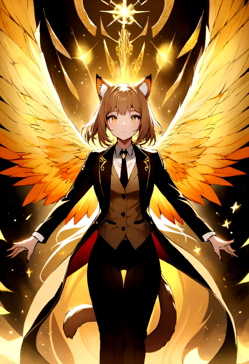 tender sexy girl with long light brown hair ,large light brown eyes , formal suit wild cat ears and tail , phoenix wings ,powers of light and life