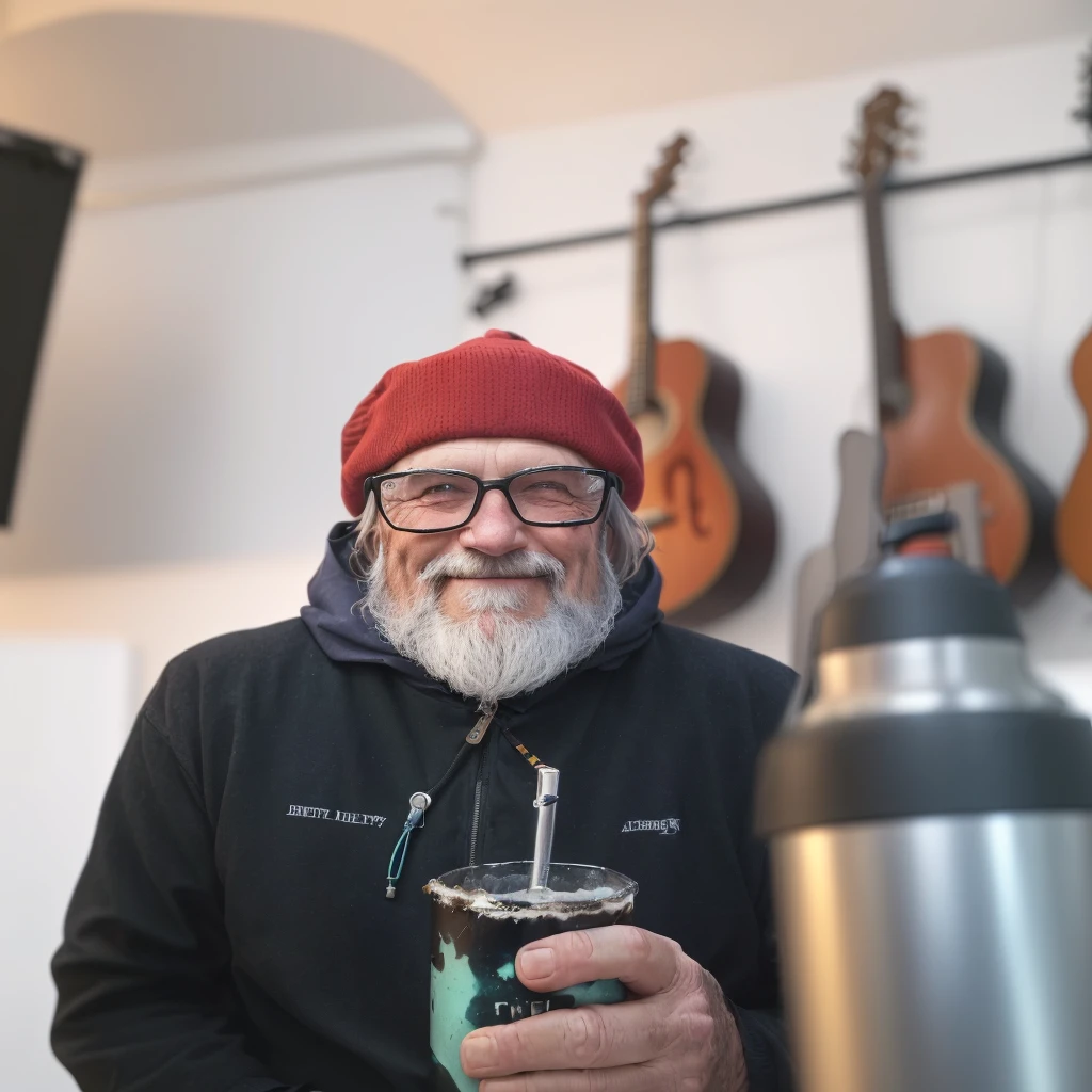 there is a man with a drink in his hand and a guitar behind him, old gigachad with gray beard, in his basement studio, taken in the early 2020s, Peter Deligdish, archmage with hat, por Jakob Gauermann, por Jaakko Mattila, greg rutkovsky, very slightly smiling