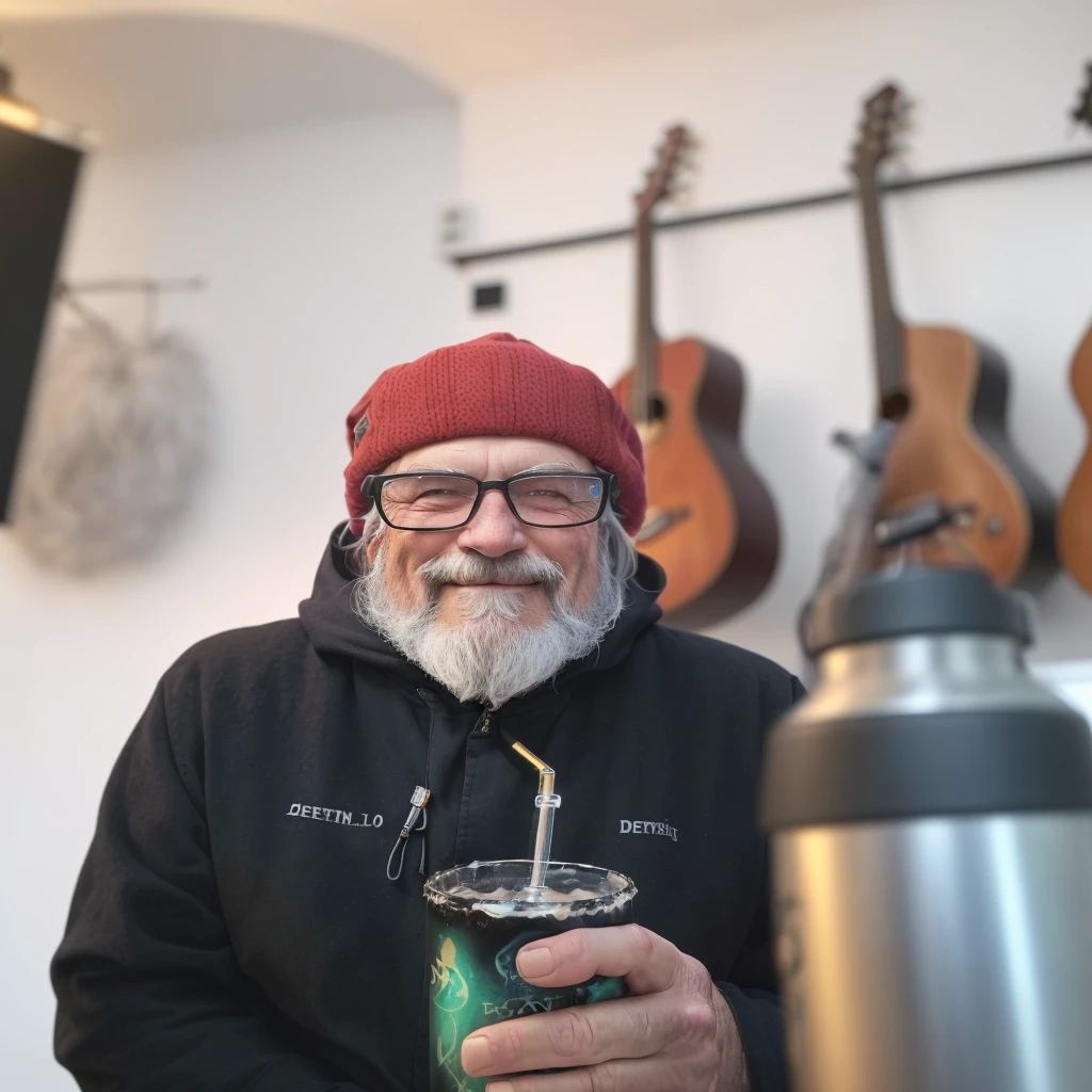 there is a man with a drink in his hand and a guitar behind him, old gigachad with gray beard, in his basement studio, taken in the early 2020s, Peter Deligdish, archmage with hat, por Jakob Gauermann, por Jaakko Mattila, greg rutkovsky, very slightly smiling