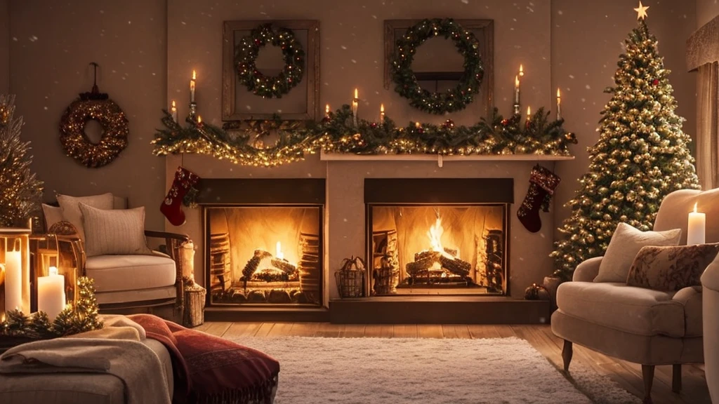 arafed view of a snowy night with a lit candle and a fireplace, warm beautiful scene, cozy wallpaper, cozy candlelight, cozy home background, cozy and peaceful atmosphere, cosy enchanted scene, cozy and calm, cozy setting, cozy atmospheric, snowy winter christmas night, winter night, cozy place, winter setting, cozy atmosphere, snowy night, cozy environment, warm and calm