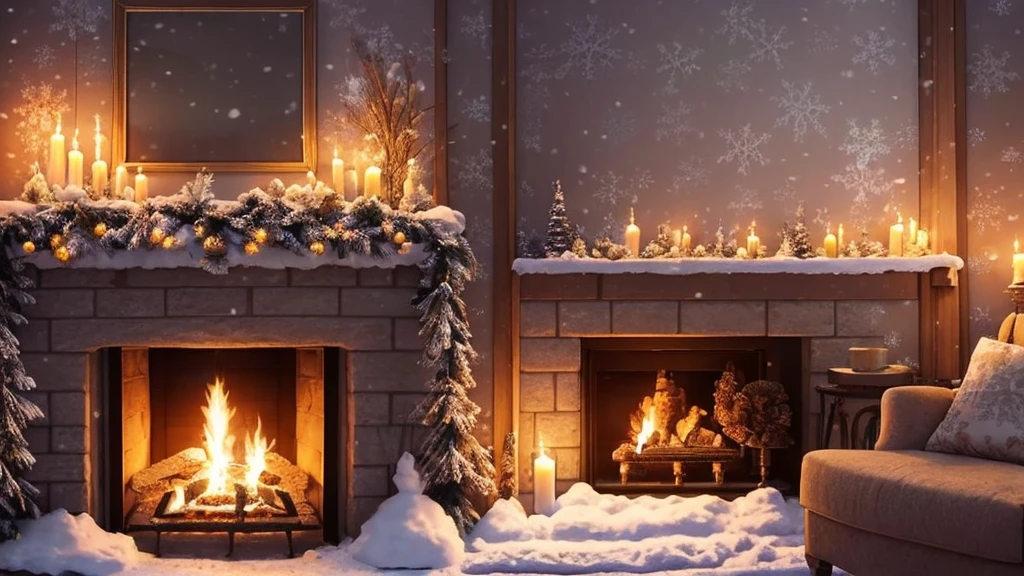 arafed view of a snowy night with a lit candle and a fireplace, warm beautiful scene, cozy wallpaper, cozy candlelight, cozy home background, cozy and peaceful atmosphere, cosy enchanted scene, cozy and calm, cozy setting, cozy atmospheric, snowy winter christmas night, winter night, cozy place, winter setting, cozy atmosphere, snowy night, cozy environment, warm and calm