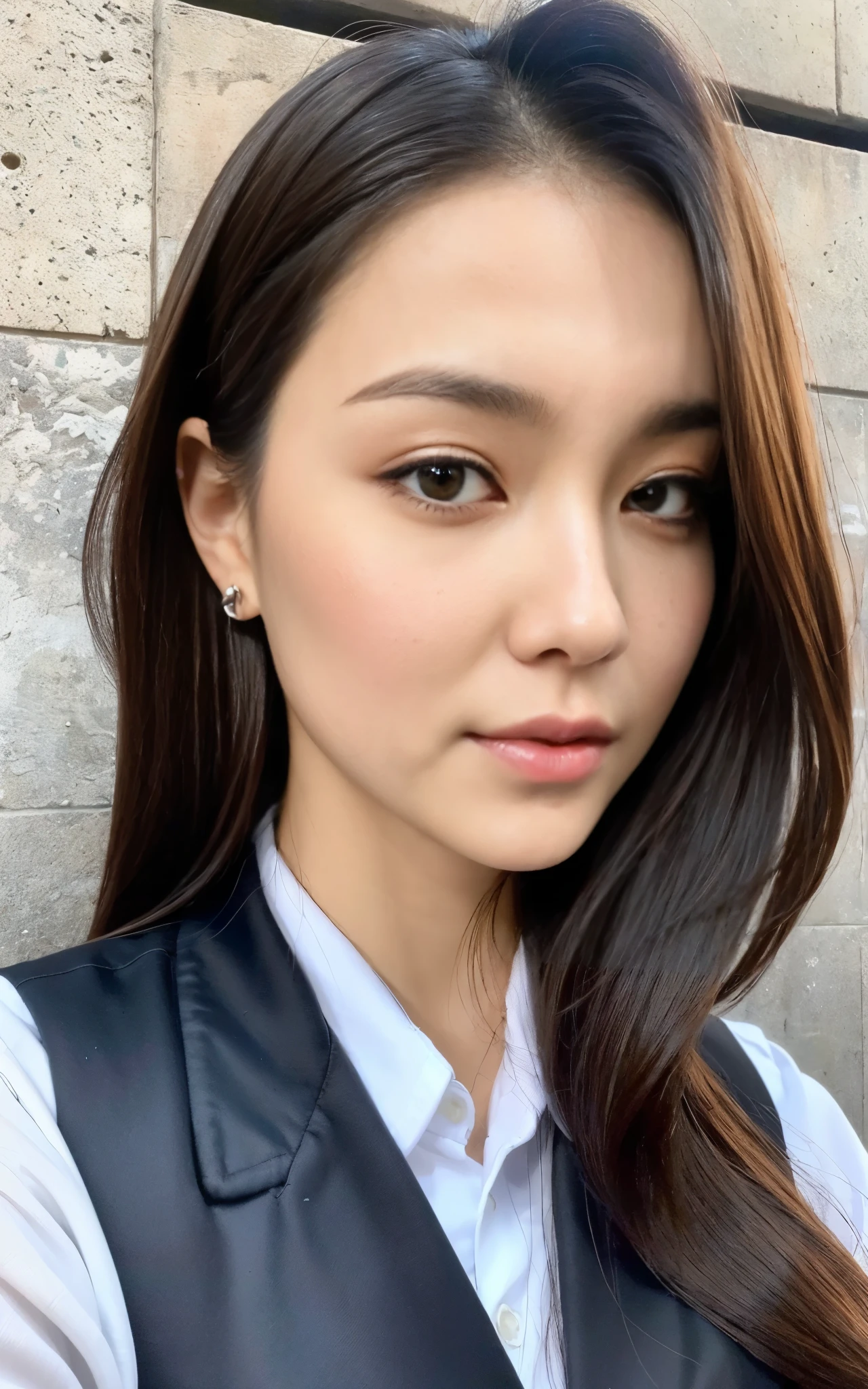 ((Best Quality, 8K, Masterpiece: 1.3, best quality)), photorealistic, photorealism, high resolution, ((face close up:1.2)), (detailed face skin, reallistic, Photorealsitic:1.37), face of 1girl, japanese, looking at the viewer, (Detailed face), medium long hair, (wearing dark rubber suit, tactical vests, military harness, high-tech headset), concrete wall background,