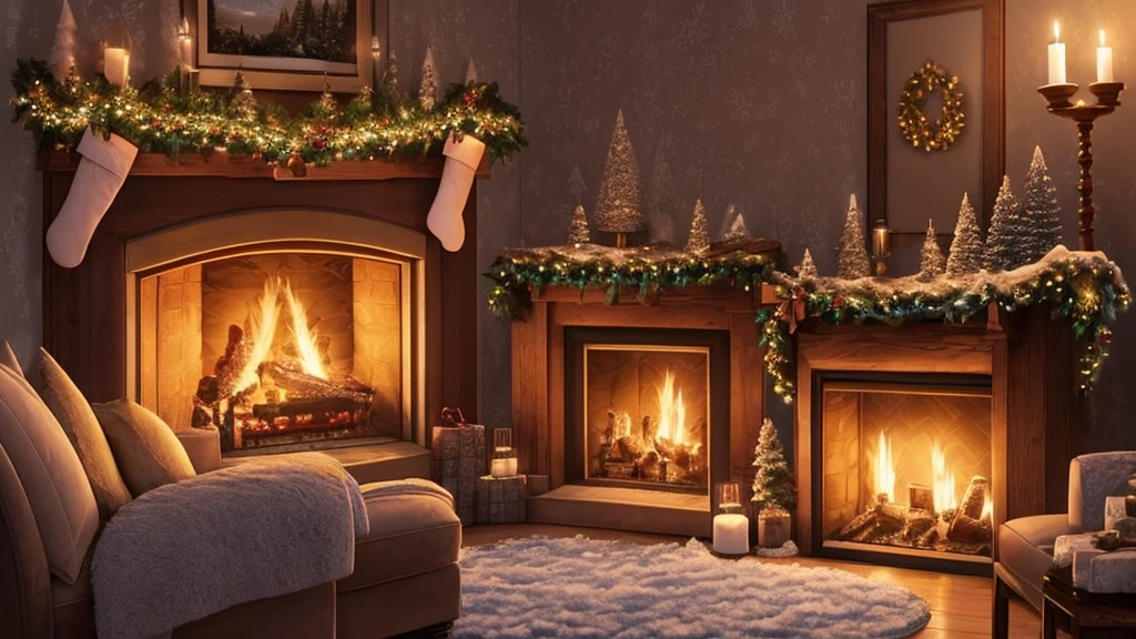 arafed view of a snowy night with a lit candle and a fireplace, digital art inspired by Evgeny Lushpin, shutterstock, digital art, warm beautiful scene, cozy wallpaper, cozy candlelight, cozy home background, cozy and peaceful atmosphere, cosy enchanted scene, cozy and calm, cozy setting, cozy atmospheric, snowy winter christmas night, winter night, cozy place