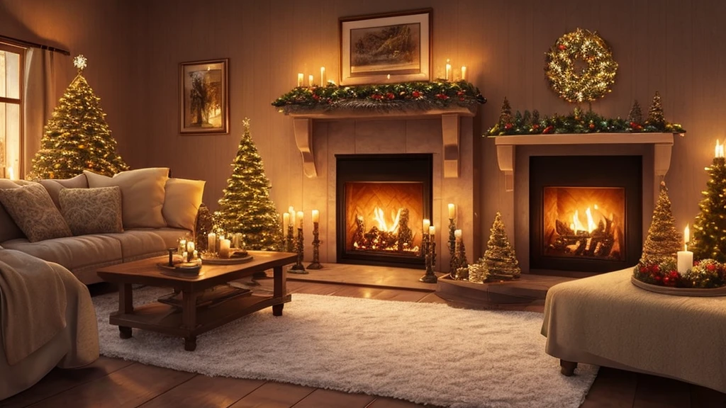 arafed view of a snowy night with a lit candle and a fireplace, digital art inspired by Evgeny Lushpin, shutterstock, digital art, warm beautiful scene, cozy wallpaper, cozy candlelight, cozy home background, cozy and peaceful atmosphere, cosy enchanted scene, cozy and calm, cozy setting, cozy atmospheric, snowy winter christmas night, winter night, cozy place