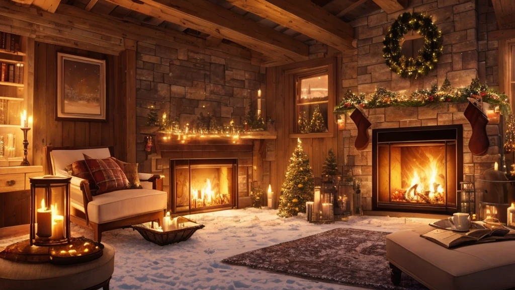 arafed view of a snowy night with a lit candle and a fireplace, digital art inspired by Evgeny Lushpin, shutterstock, digital art, warm beautiful scene, cozy wallpaper, cozy candlelight, cozy home background, cozy and peaceful atmosphere, cosy enchanted scene, cozy and calm, cozy setting, cozy atmospheric, snowy winter christmas night, winter night, cozy place