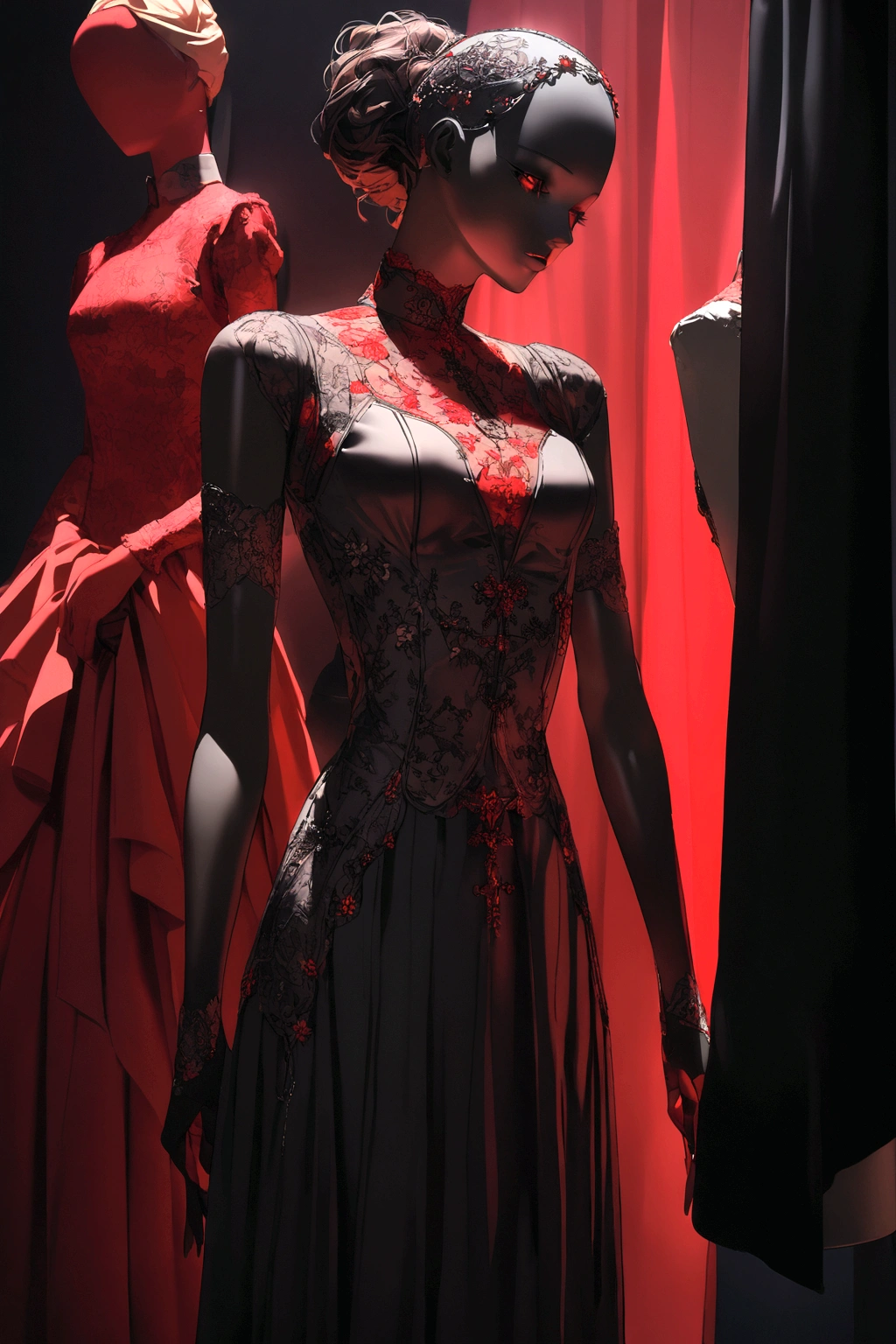A mannequin wearing a black male with red accents