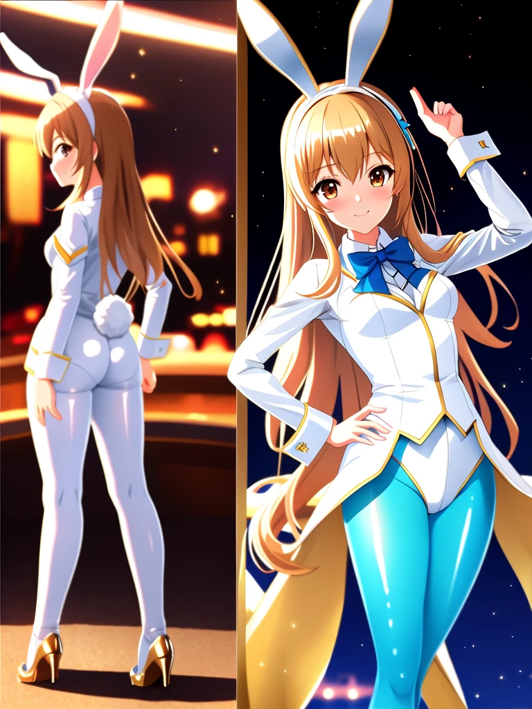 masterpiece, Highest quality, superior_Mikoto, Brown eyes, View your viewers, Casino Background, alone, Small breasts, superior半身, , smile, close_mouth, ((Are standing)), Abusing lens flares, chic, One Girl, One girl, Nice ass, Sexy pose, One Girl, Camel Toe, Bunny girl, Bodysuits, Playboy, pantyhose, Bunny ears, latex, 1 suit, White suit, Golden Bunny Suit, Bunny girl, chic suit, blue pantyhose, Blue Legs, Blue leggings