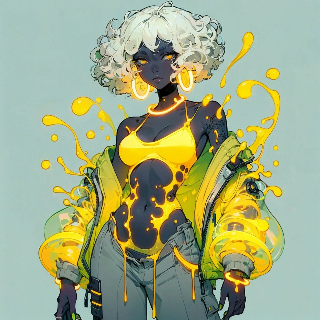 line-less manga style, anime semi realistic, neon Baroque Style, African American_female, mature facial features, curly wet white afro, heavy-lidded eyes, semi realistic, neon yellow details, see-through yellow lava lamp abdomen, exposed lava lamp stomach, off-the-shoulder oversized puffer jacket, yellow see-through puffer jacket hanging off her shoulders, sci fi robotic neon yellow lava lamp arms, saggy baggy grey pants, neon robotic parts, glowing neon hoop ear rings, true to original image pose, high resolution, high quality, full body 