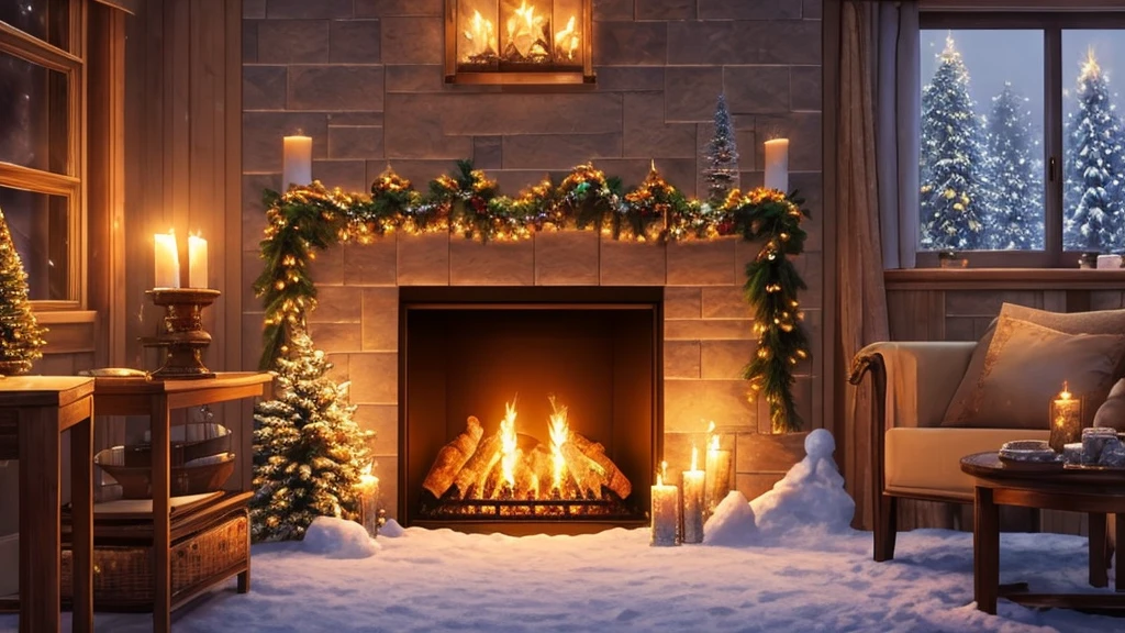 arafed view of a snowy night with a lit candle and a fireplace, digital art inspired by Evgeny Lushpin, shutterstock, digital art, warm beautiful scene, cozy wallpaper, cozy candlelight, cozy home background, cozy and peaceful atmosphere, cosy enchanted scene, cozy and calm, cozy setting, cozy atmospheric, snowy winter christmas night, winter night, cozy place