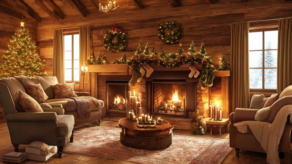 arafed view of a snowy night with a lit candle and a fireplace, digital art inspired by Evgeny Lushpin, shutterstock, digital art, warm beautiful scene, cozy wallpaper, cozy candlelight, cozy home background, cozy and peaceful atmosphere, cosy enchanted scene, cozy and calm, cozy setting, cozy atmospheric, snowy winter christmas night, winter night, cozy place