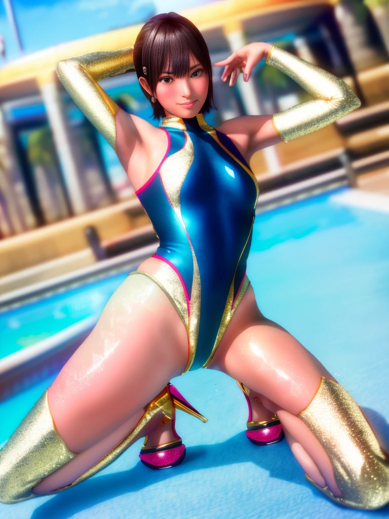 Best image quality、Highest quality、8K quality、One girl、Esbian all over、Nagisa、Laughter、Embarrassing、blush、Beautiful poop、huge 、(Gold Metallic:1.4)、(No sleeve)、(High neck competitive swimsuit)、(High leg)、(Insertion into the crotch)、(Stiletto heels)、Crouch on the ground、(Open your crotch wide to the left and right)、Arms behind head、(Show off your armpits)、Staring at the audience、((Engage your audience))、((Show your crotch to the viewers)) 、((Front shot))、By the pool、Professional Lighting、Professional photography