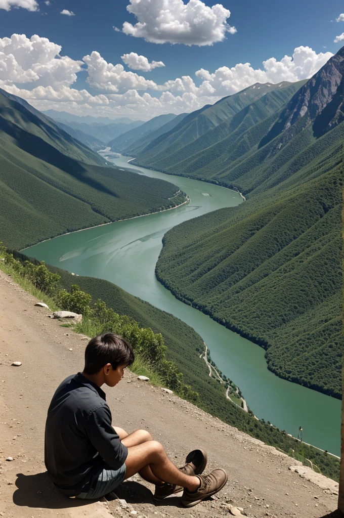 Far mountains, a soil road beside the view. A sad boy sitting beside river