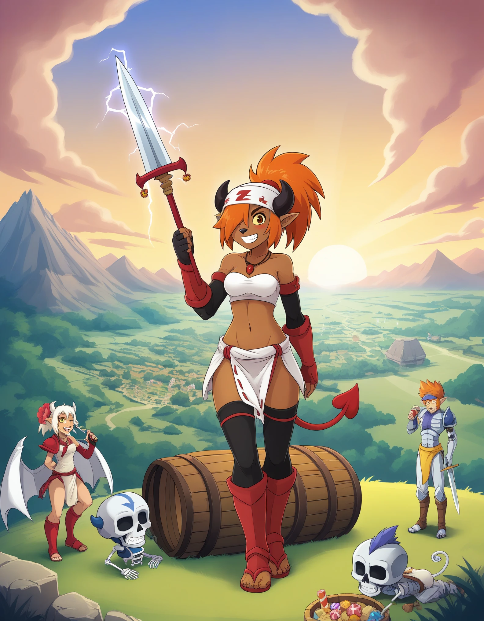 dofus, 1girl, looking at viewer, pandawa, smile, hair ornament, 1boy, animal ears, sitting, one eye closed, yellow eyes, white hair, food, glasses, grin, headband, furry, bandana, furry female, furry male, barrel, enutrof, huppermage, long hair, blonde hair, gloves, dress, ponytail, braid, solo focus, pointy ears, looking back, candy, solo, red eyes, navel, weapon, flower, red hair, sword, glowing, colored skin, knife, gem, sheath, nature, magic, dagger, holding, armor, night, helmet, polearm, dual wielding, spear, japanese armor, samurai, kabuto (helmet), multiple boys, horns, sadida, breasts, skirt, cleavage, bare shoulders, brown eyes, medium breasts, underwear, panties, full body, green hair, barefoot, midriff, hair flower, dark skin, miniskirt, white panties, hair over one eye, dark-skinned female, strapless, toes, pantyshot, plant, web address, anklet, tube top, vines, ankle wrap, closed eyes, sky, moon, star \\\\(sky\\\\), night sky, old, old woman, feca, ecaflip, multiple girls, brown hair, hat, girls, green eyes, tail, belt, cat ears, bag, cat tail, bell, cat, backpack, skull, cowboy hat, yellow sclera, blush, purple hair, boots, shoulder armor, pauldrons, shield, breastplate, full armor, iop, forgelance, thighhighs, lance, male focus, teeth, facial hair, clenched teeth, beard, wings, topless male, drinking straw, drinking, lightning, crazy straw, outdoors, lying, detached sleeves, tree, grass, day, pants, sleeping, on stomach, demon horns, demon tail, bouftou, x x, standing, orange hair, cape, holding weapon, spiked hair, red footwear, red gloves, planted, planted sword, boys, skeleton, cloud, no humans, scenery, sunset, mountain, fantasy, dragon, landscape, steamer, short hair, jewelry, back-to-back, bracelet, holding sword, thick eyebrows, hand in pocket, body fur, over shoulder, white fur, animal nose, loincloth, weapon over shoulder, orange sky, rubble, elbow gloves, fingerless gloves, necklace, torn clothes, animal on shoulder, open mouth, tongue, ton