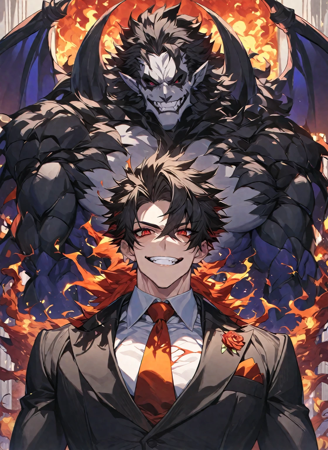 Best quality, one, beautiful, 1 man, 20 years, Tall and athletic physique, V-shaped body, wide shoulders, in a detailed black British suit, crazy wild and toothy smile, huge bat wings, sharp ears, short black hair, model hair, black sclera and blood red eye iris, a circle of fire around it, against the background of a pillar of flame and full of fire and covered with lights, fiery threads