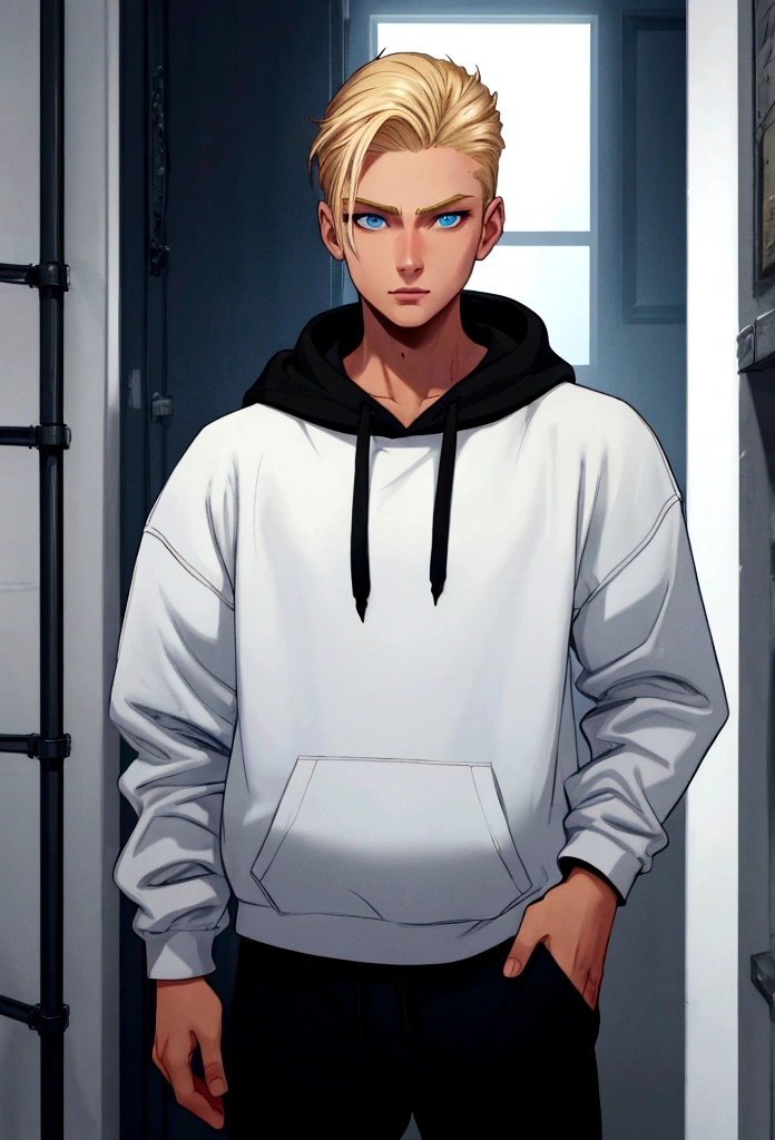 young male with dark blue eyes, wolfcut ((blond)) hair, thin frame, medium height, oversized ((blank black)) hoodie, trackpants, soft lighting, high detail, 8k, photorealistic
