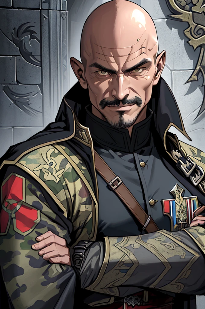 masutepiece, Best Quality, realistic, Highly detailed, epic exquisite character art, A Man, (((Solo))), (muscular guy, Middle Age, 50 years old, Realistic, Juncao, , Bald, shaved hair, Black short mustache), (Paladin Knight of Arab aesthetics, Wearing a military uniform with a camouflage pattern, Patterned fabrics and capes, With the coat of arms of a heron), shadowverse style,Castlevania: Lord of Shadows,Evil Bald Muscular Warrior,Upper body,Evil smile,Camouflage military uniform,old man,furious evil smile,