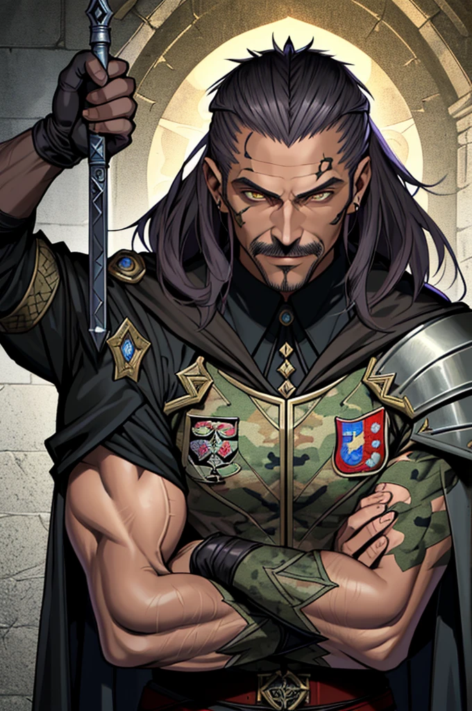 masutepiece, Best Quality, realistic, Highly detailed, epic exquisite character art, A Man, (((Solo))), (muscular guy, Middle Age, 50 years old, Realistic, Juncao, , Bald, shaved hair, Black short mustache), (Paladin Knight of Arab aesthetics, Wearing a military uniform with a camouflage pattern, Patterned fabrics and capes, With the coat of arms of a heron), shadowverse style,Castlevania: Lord of Shadows,Evil Bald Muscular Warrior,Upper body,Evil smile,Camouflage military uniform,old man,furious evil smile,