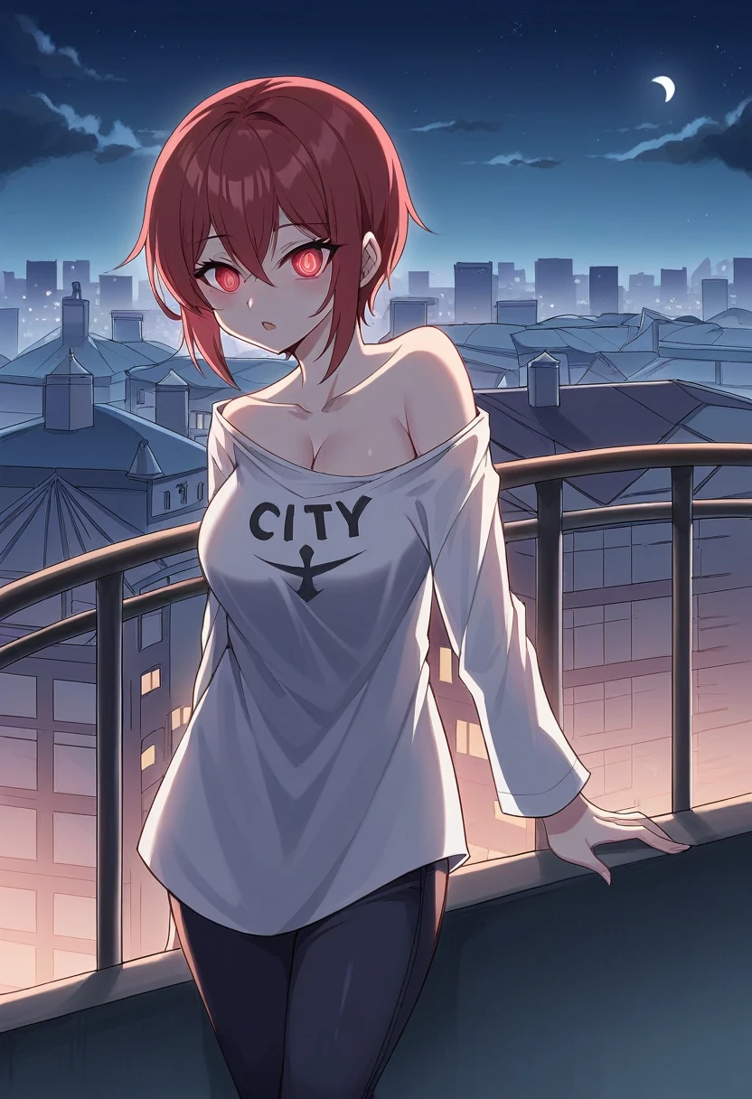 ((Midnight, Best quality, 8k, Masterpiece :1.3)), Whole body, Long legs, Sharp focus :1.2, A pretty woman with perfect figure :1.4, Slender abs :1.1, ((red hair, Big breasts :1.2)), (White tight tshirt, Jean bib, Standing:1.2), ((Night city view, Rooftop:1.3)), Highly detailed face and skin texture, Detailed eyes, Double eyelid, sunset, darken, backlit, off shoulder