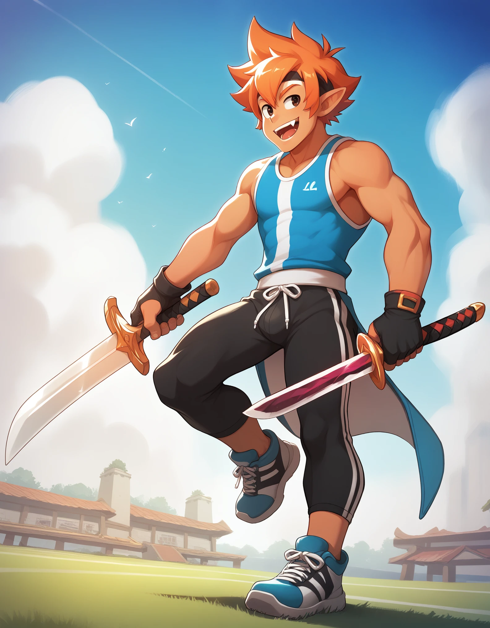 dofus, score_9, score_8_up, score_7_up, dofus, iop, solo, smile, 1boy, open mouth, weapon, male focus, red hair, fang, sword, orange hair, sportswear, glint 