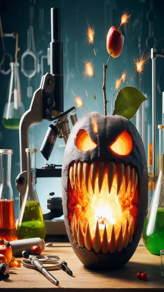 A scary monster apple in the shape of a bomb accompanied by hands and feet with a background of nuclear explosions in a laboratory