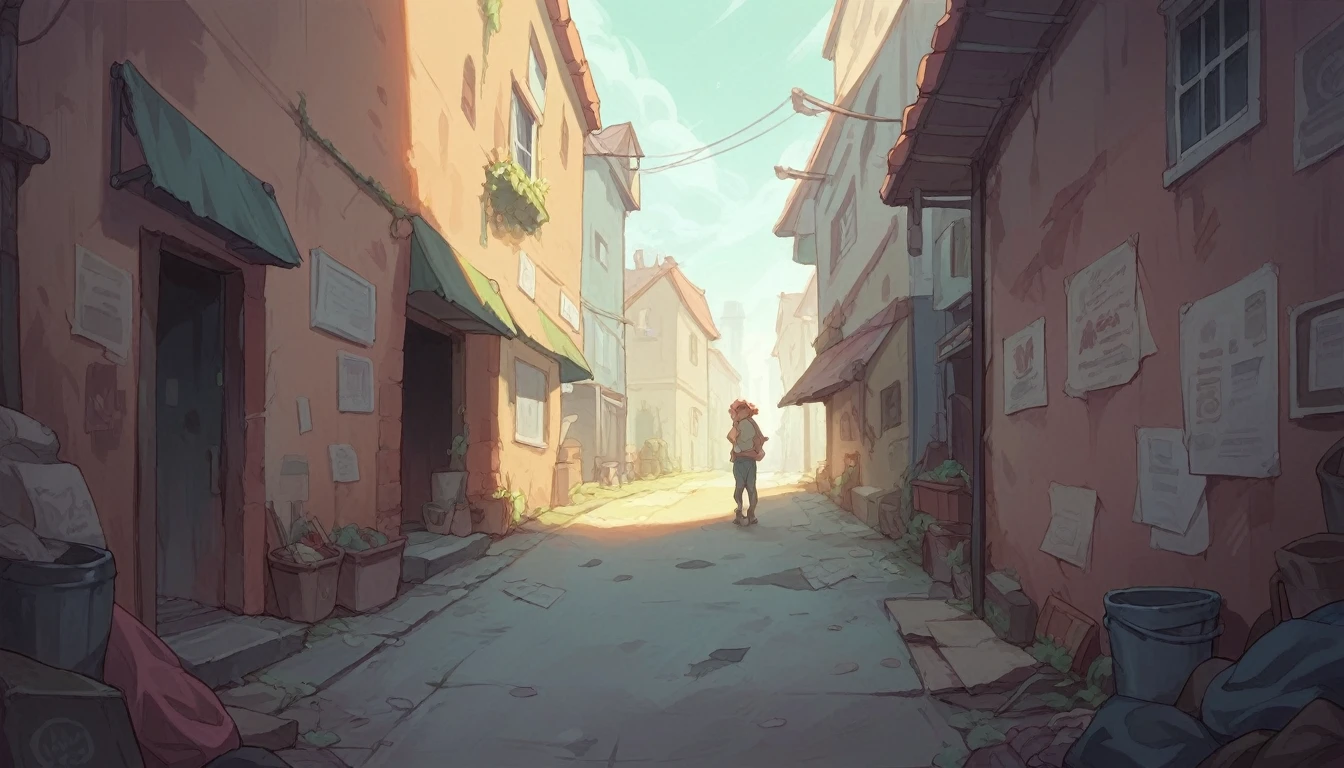 deserted alley in the afternoon, with Tommy Jenkins and his four friends throwing rocks at Emily, showing her pained expression.