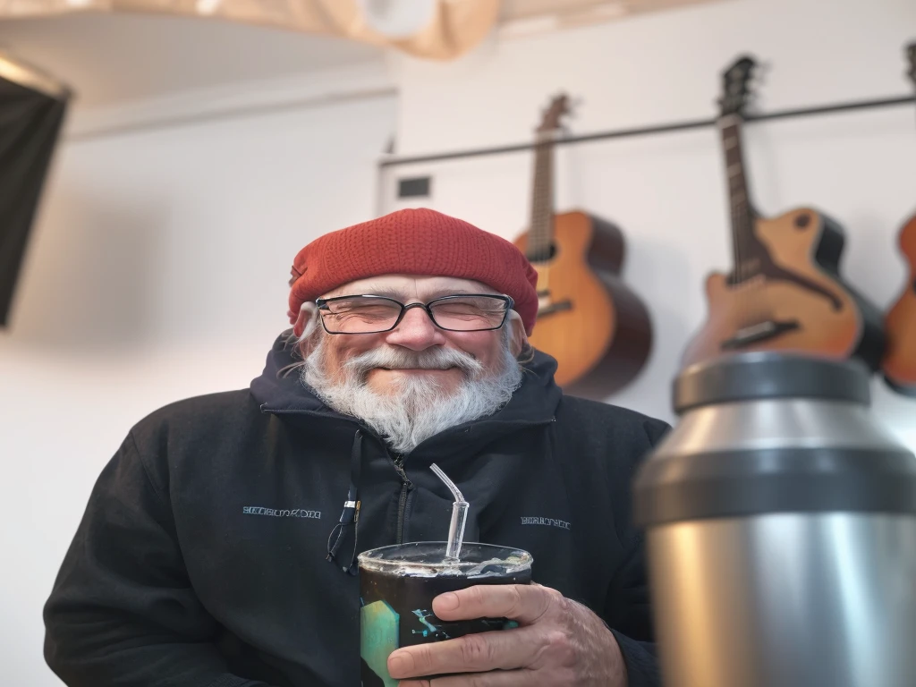 there is a man with a drink in his hand and a guitar behind him, old gigachad with gray beard, in his basement studio, taken in the early 2020s, Peter Deligdish, archmage with hat, por Jakob Gauermann, por Jaakko Mattila, greg rutkovsky, very slightly smiling