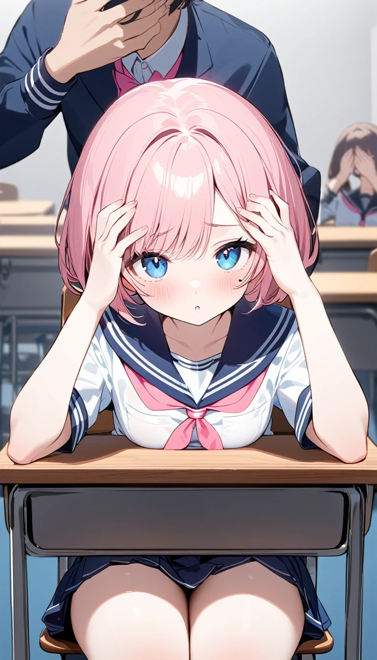 (1 girl),(Best Picture Quality, 8K, Masterpiece:1.3), (high school student:1.5), ((pink lob hair:1.1)), (bob cut),(swept bangs), (cute eyes, pupil black, iris skyblue, youthful face), (mole under right eye), (standard weight), (small breasts), (glistening skin:1.1),(pale skin:1.2), ((serafuku, white sailor short sleeve simple shirt, darkblue skirt, darkblue sailor collar, pink ribbon)),(sitting on a chair),(a class in session),((hands up,elbows on desk, face palm)),((front view:1.3)),,(looking at viewer),