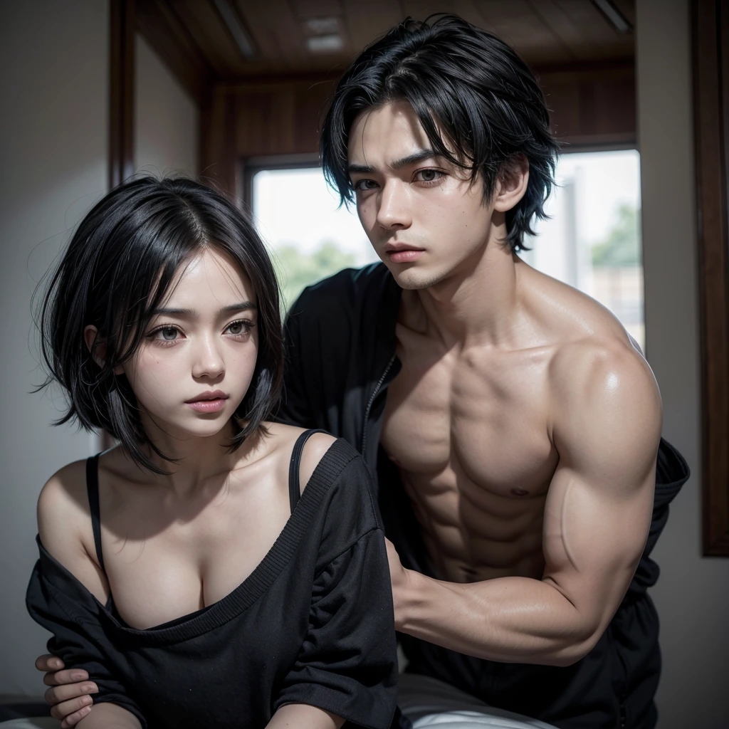 Casal 2d , busty , black hair, shorth hair, 2D, stark, bad boy, アニメ
