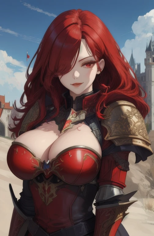 Hilde,red hair,lips,hair over one eye,red eyes,mole under mouth, armor,gauntlets, breastplate, red coat, solo, smile,
upper body, standing, cleavage,
european castle,
(insanely detailed, beautiful detailed face,beautiful detailed eyes, masterpiece, best quality)