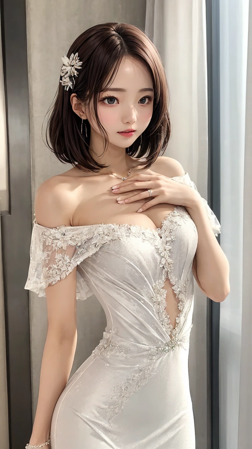 off-the-shoulder wedding dresses、Beautiful young wife、Super detailed、Particles of light:0.5、Shiny and smooth skin texture、First Night、Love each other、Beautiful clear eyes、Secret Love Affair、Sex、、Natural Texture、Short Hair、、Mature slender beauty、Small breasts、Dignified face、Love each other男と女、Nasty relationship、Place your hand on your chest、slouch