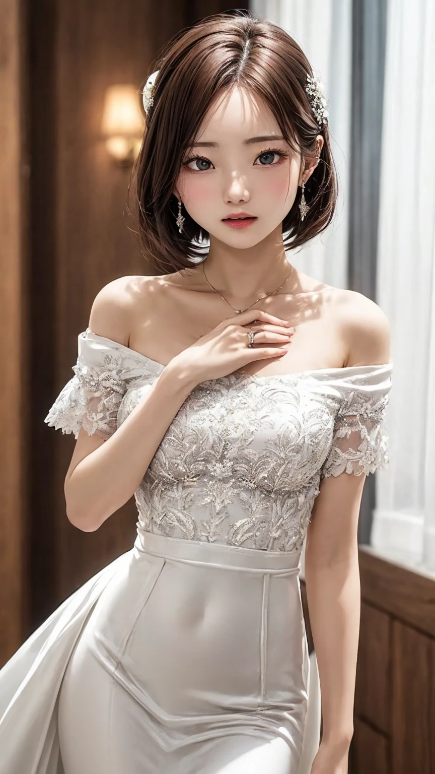 off-the-shoulder wedding dresses、Beautiful young wife、Super detailed、Particles of light:0.5、Shiny and smooth skin texture、First Night、Love each other、Beautiful clear eyes、Secret Love Affair、Sex、、Natural Texture、Short Hair、、Mature slender beauty、Small breasts、Dignified face、Love each other男と女、Nasty relationship、Place your hand on your chest、slouch