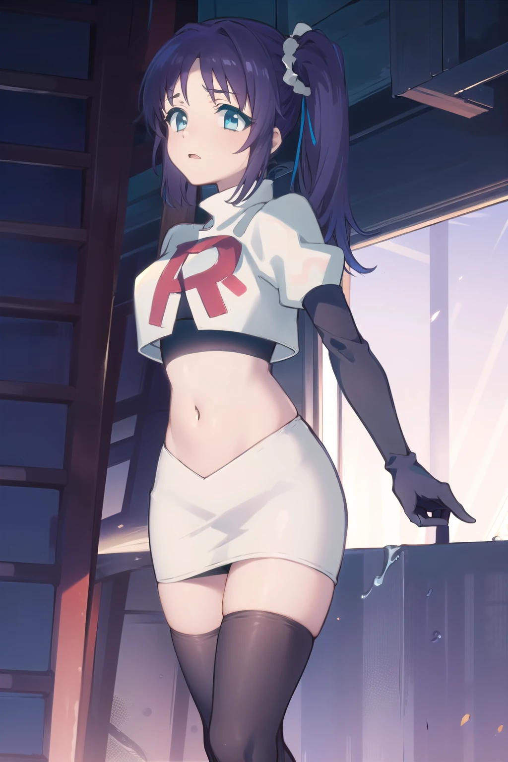 1girl,solo,outdoor,
 aatisaki,blue_hair,blue_eyes,side_ponytail,team rocket,team rocket uniform,white skirt,red letter R,crop top,black thigh-highs,black elbow gloves