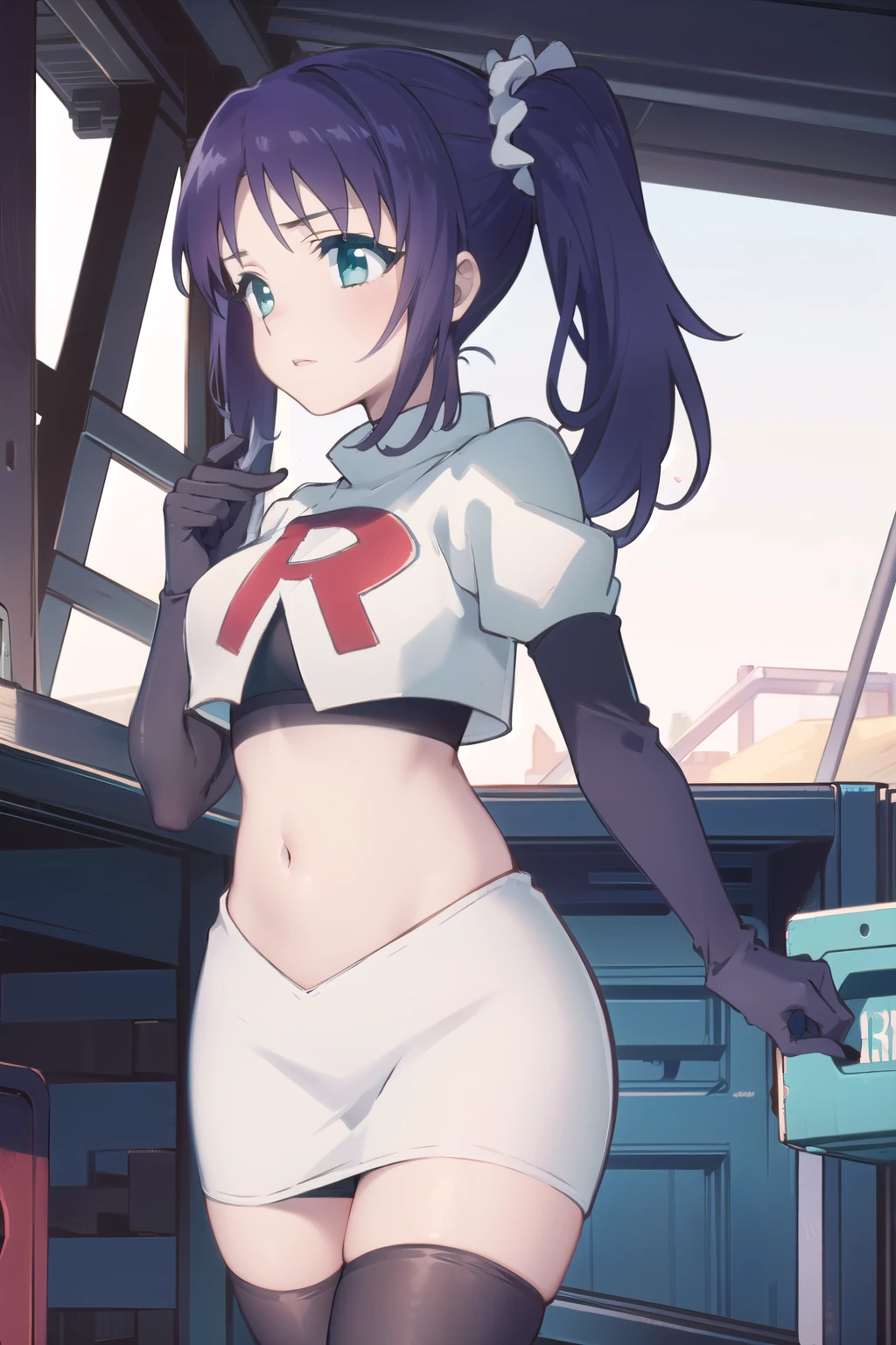 1girl,solo,outdoor,
 aatisaki,blue_hair,blue_eyes,side_ponytail,team rocket,team rocket uniform,white skirt,red letter R,crop top,black thigh-highs,black elbow gloves